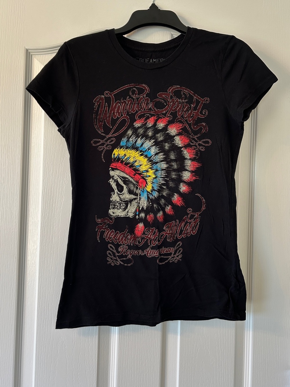 American Apparel Black Tee with Colorful Feathered Skull Graphic